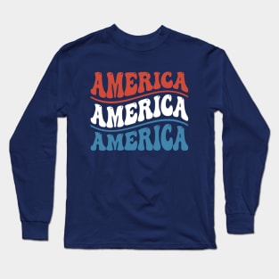 America Wavy Groovy Font Red White and Blue Long Sleeve T-Shirt